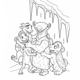 Desenho da Era do Gelo para colorir com Manny, Sid, Diego e Scrat em preto e branco