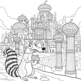 Desenho da Era do Gelo para colorir com Manny, Sid, Diego e Scrat em preto e branco