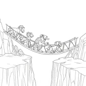 Desenho da Era do Gelo para colorir com Manny, Sid, Diego e Scrat em preto e branco