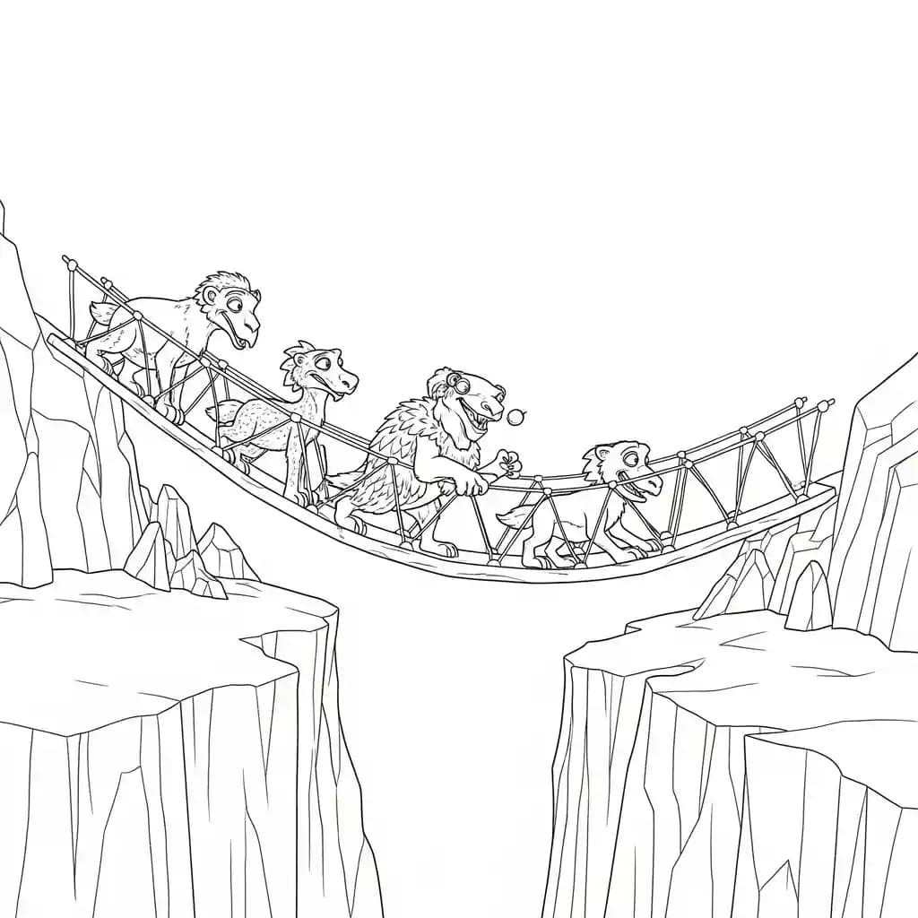 Desenho da Era do Gelo para colorir com Manny, Sid, Diego e Scrat em preto e branco