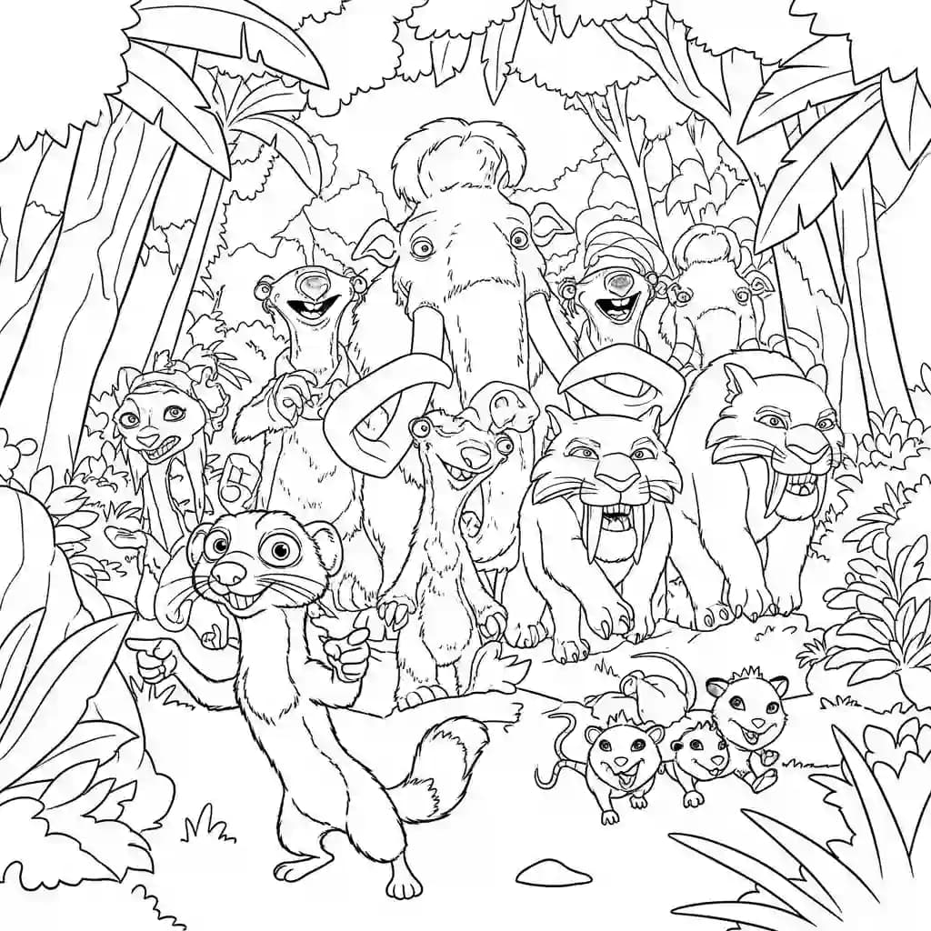 Desenho da Era do Gelo para colorir com Manny, Sid, Diego e Scrat em preto e branco