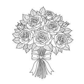 Desenho para colorir com buquê de flores contendo rosas, girassóis e margaridas com pétalas detalhadas e folhas elegantes — ideal para imprimir grátis e curtir momentos de relaxamento criativo com temas florais.