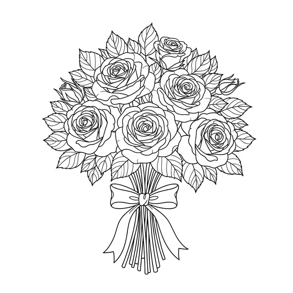 Desenho para colorir com buquê de flores contendo rosas, girassóis e margaridas com pétalas detalhadas e folhas elegantes — ideal para imprimir grátis e curtir momentos de relaxamento criativo com temas florais.