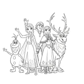 Desenho para colorir da Elsa lançando magia de gelo com Anna ao lado, Olaf sorrindo e flocos de neve ao redor — ideal para imprimir grátis e reviver os momentos mágicos do universo de Frozen da Disney.