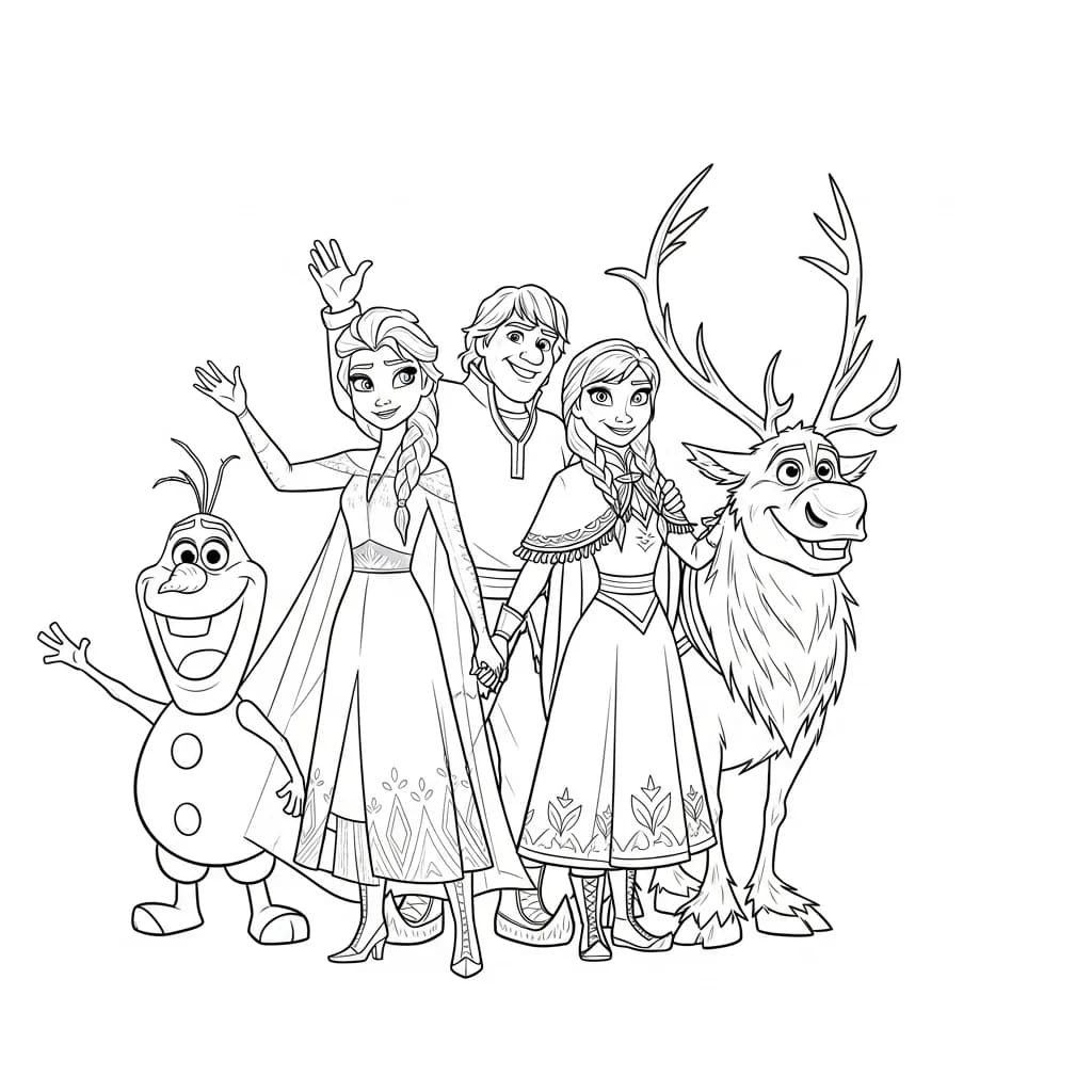 Desenho para colorir da Elsa lançando magia de gelo com Anna ao lado, Olaf sorrindo e flocos de neve ao redor — ideal para imprimir grátis e reviver os momentos mágicos do universo de Frozen da Disney.