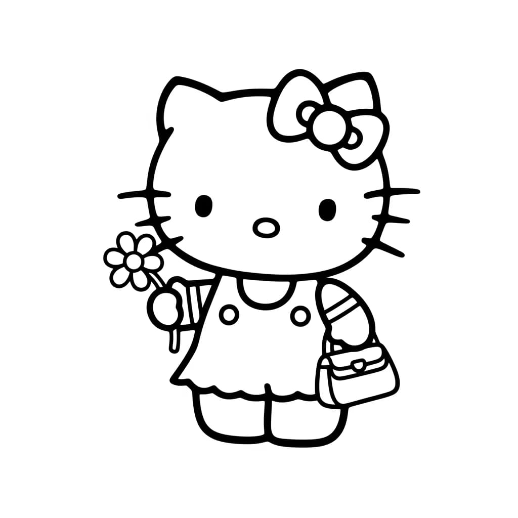 Desenho para colorir da Hello Kitty com seu laço característico, vestidinho fofo e segurando um coração — ideal para crianças, imprimir grátis e explorar o mundo encantador da personagem da Sanrio.