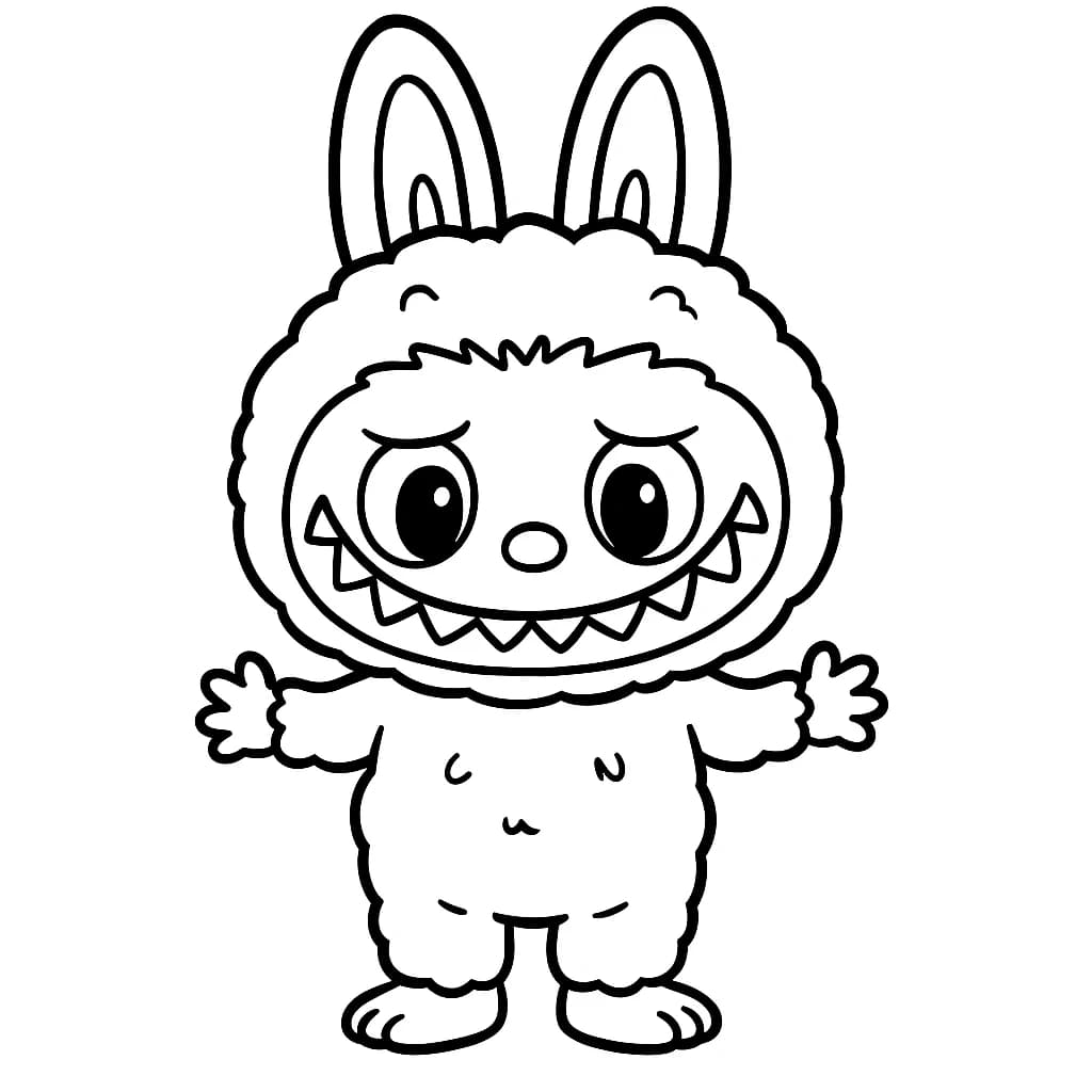 Desenho para colorir do Labubu com orelhas grandes, sorriso travesso e corpo peludinho, sentado em um tronco com folhas ao redor — ideal para imprimir grátis e explorar o universo artístico e divertido do famoso personagem designer toy.