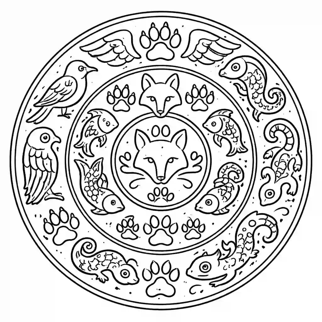 Mandala de animais para colorir com linhas grossas em preto e branco