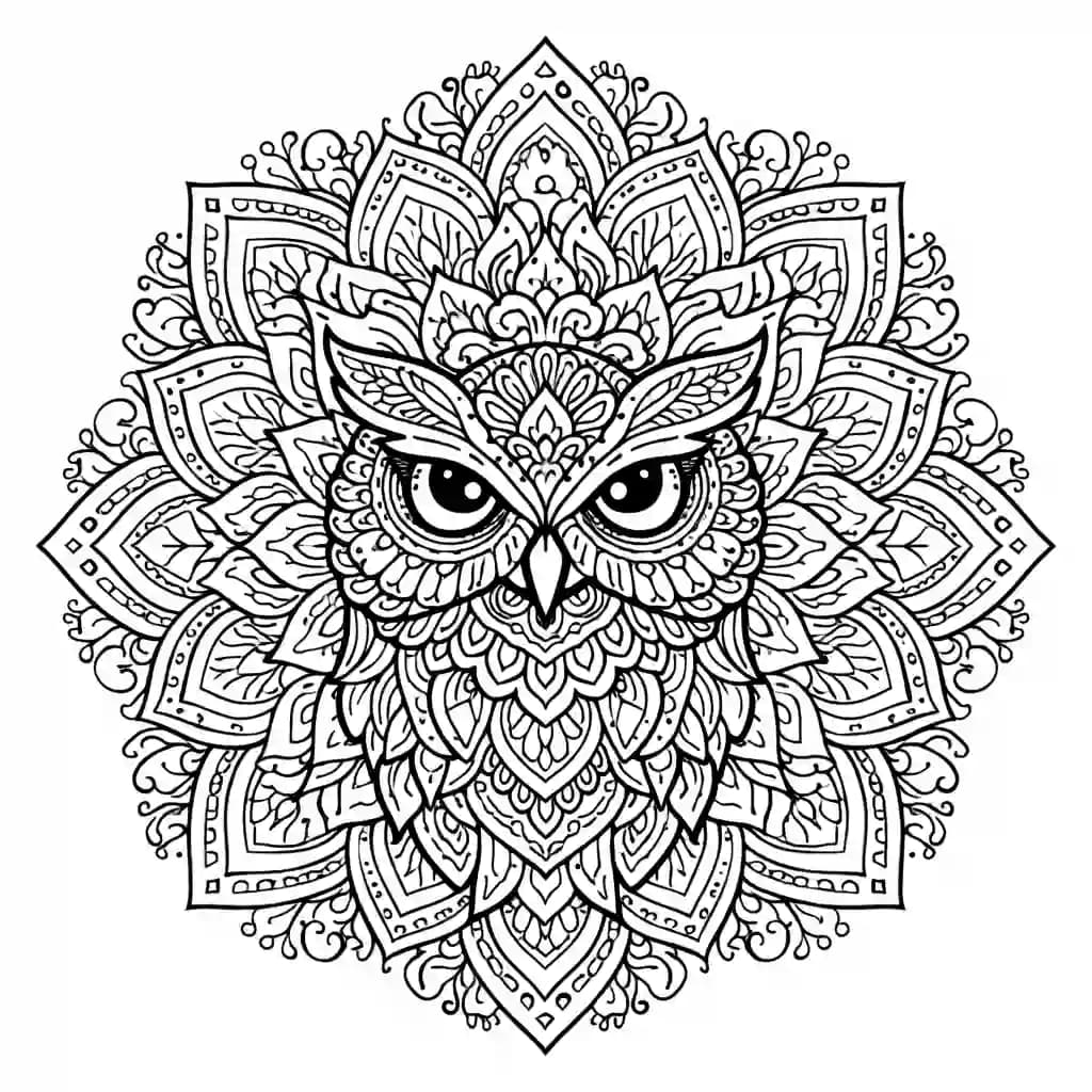 Mandala de coruja para colorir com linhas grossas em preto e branco