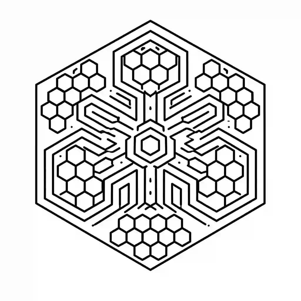 Mandala hexagonal geométrica para colorir com linhas grossas em preto e branco