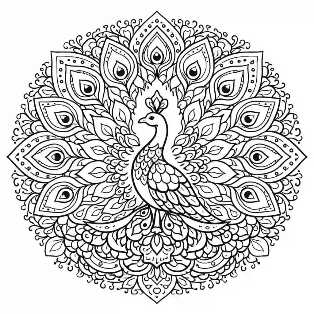 Mandala de pavão para colorir com linhas grossas em preto e branco
