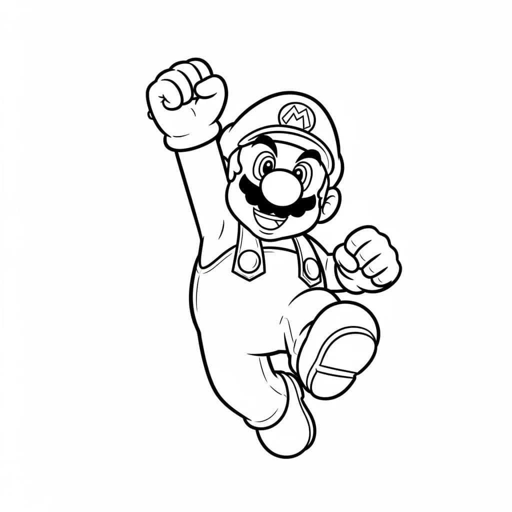 Desenho para colorir do Mario Bros pulando sobre um bloco com o Luigi ao fundo, moedas douradas no ar e cenário clássico do Reino dos Cogumelos — ideal para imprimir grátis e reviver as aventuras dos games da Nintendo.