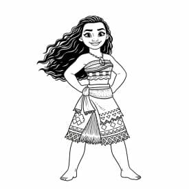 Desenho para colorir da Moana em sua canoa navegando pelo oceano com cabelos ao vento, acompanhada por Pua e Hei Hei — ideal para imprimir grátis e reviver as aventuras mágicas da princesa polinésia da Disney.