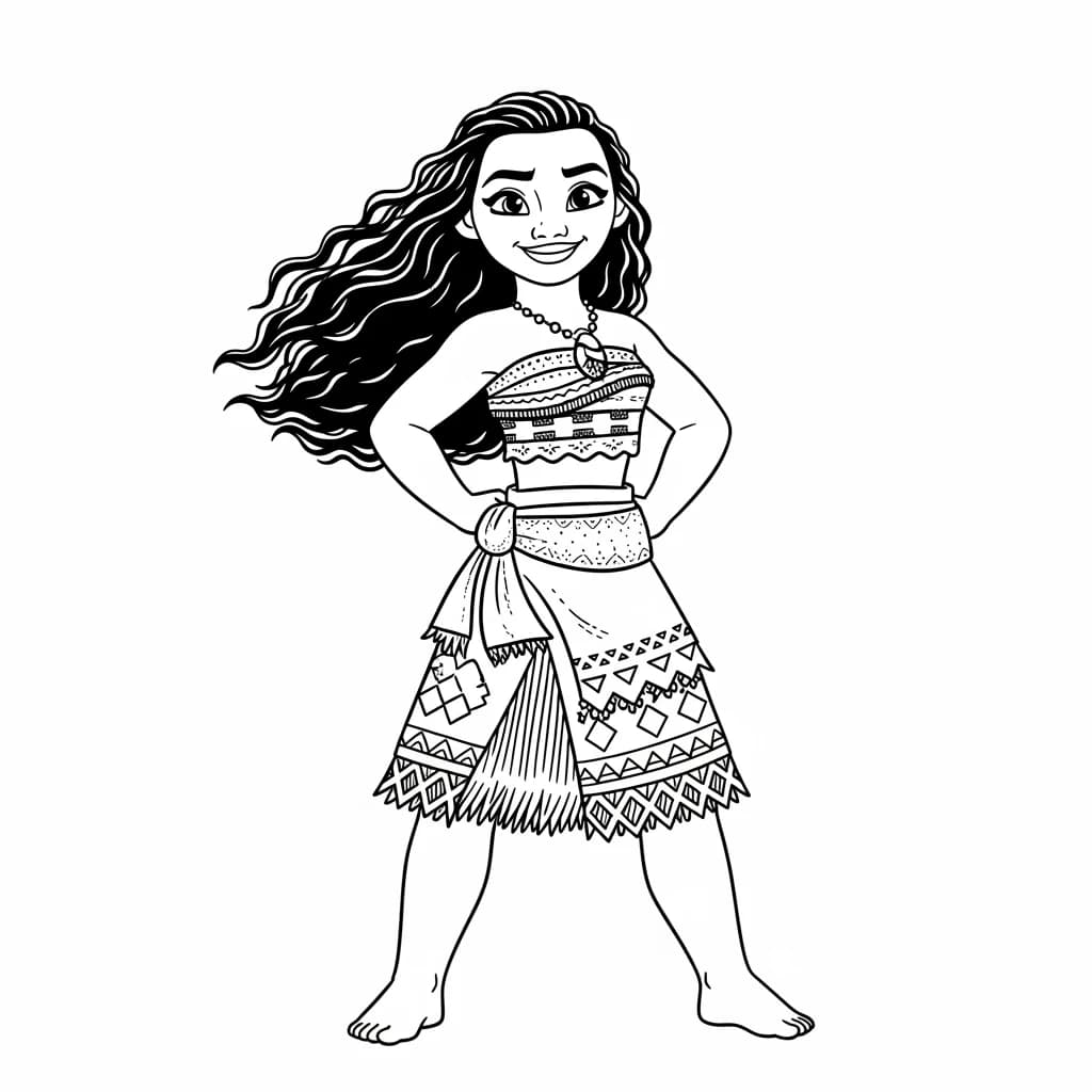 Desenho para colorir da Moana em sua canoa navegando pelo oceano com cabelos ao vento, acompanhada por Pua e Hei Hei — ideal para imprimir grátis e reviver as aventuras mágicas da princesa polinésia da Disney.