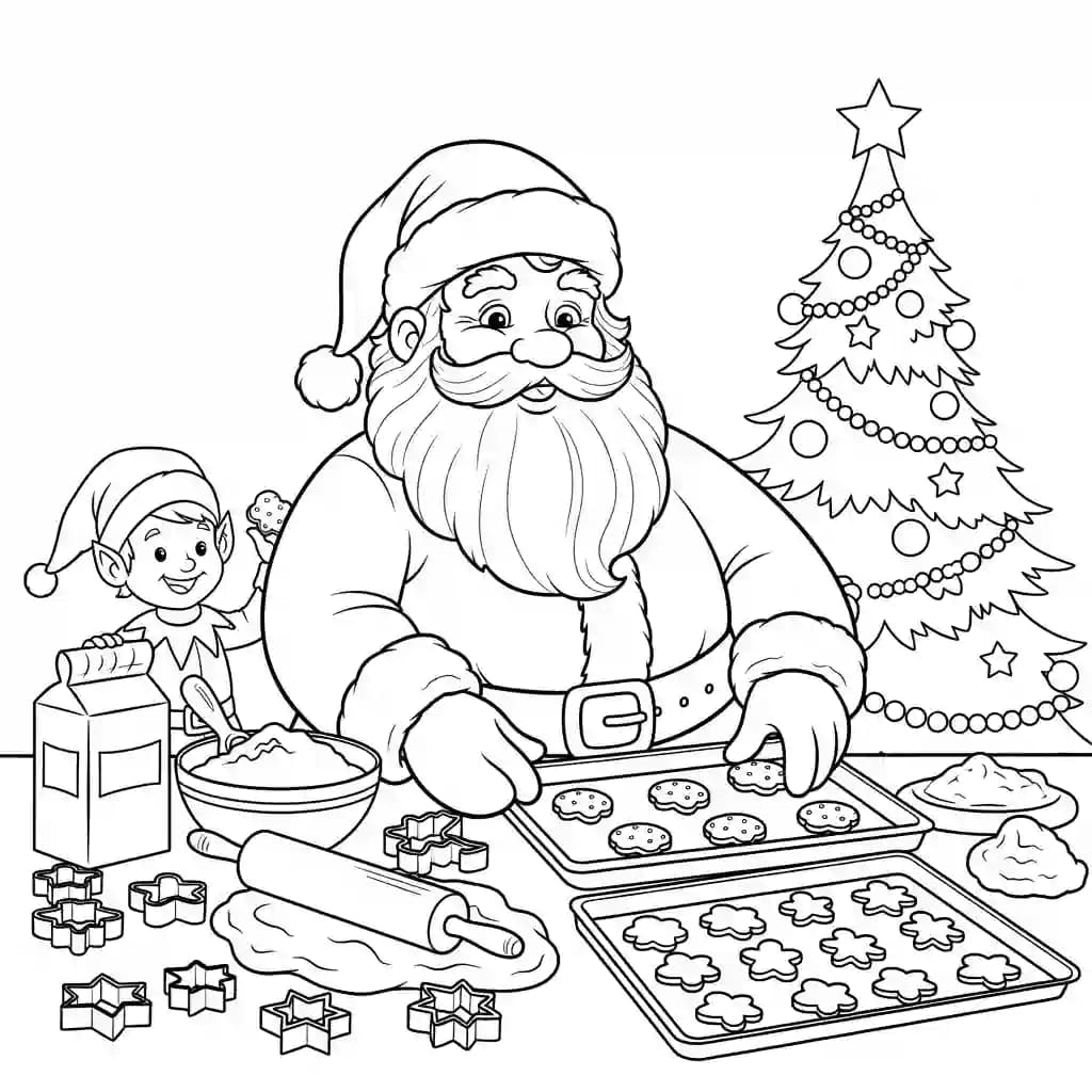 desenho de papai noel fazendo biscoitos para colorir