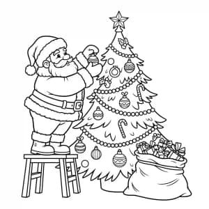 desenho de papai noel decorando árvore de natal para colorir