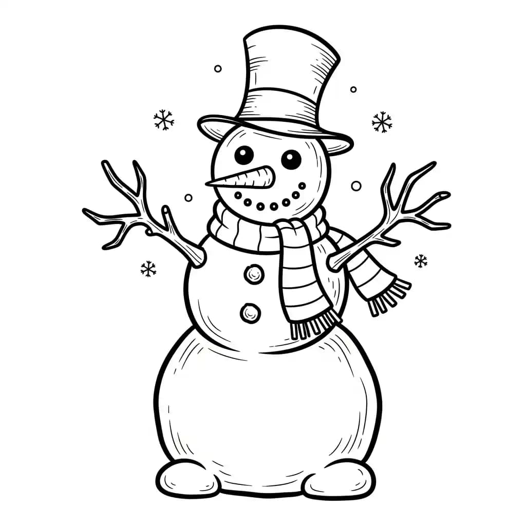 ilustração de um boneco de neve usando cartola, cachecol e com braços de galho