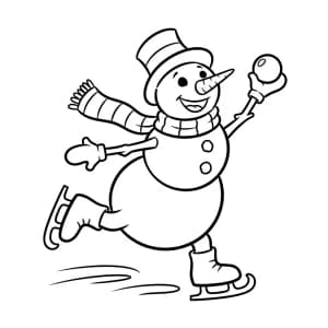 ilustração de um boneco de neve patinando no gelo e segurando uma bola de neve