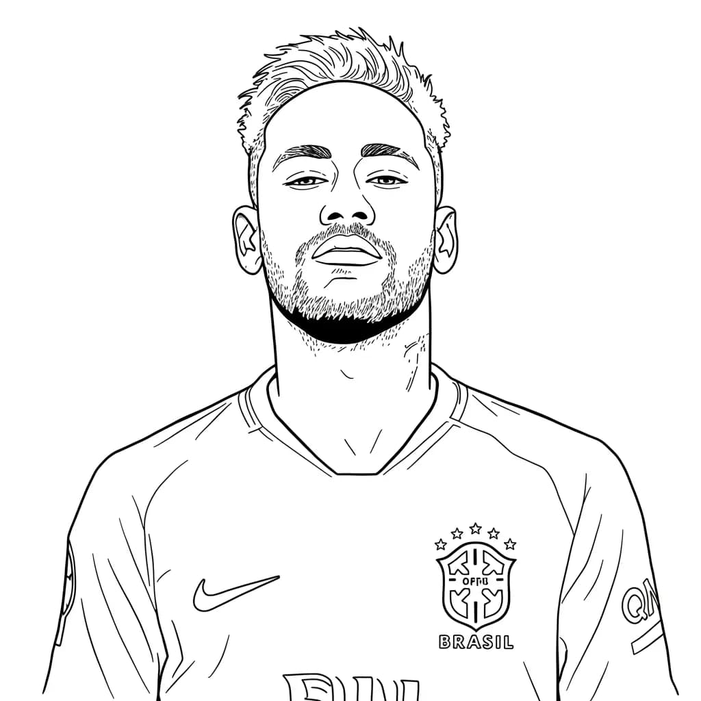 Desenho em preto e branco do Neymar Jr jogando futebol, com uniforme, chuteiras e expressão de foco.