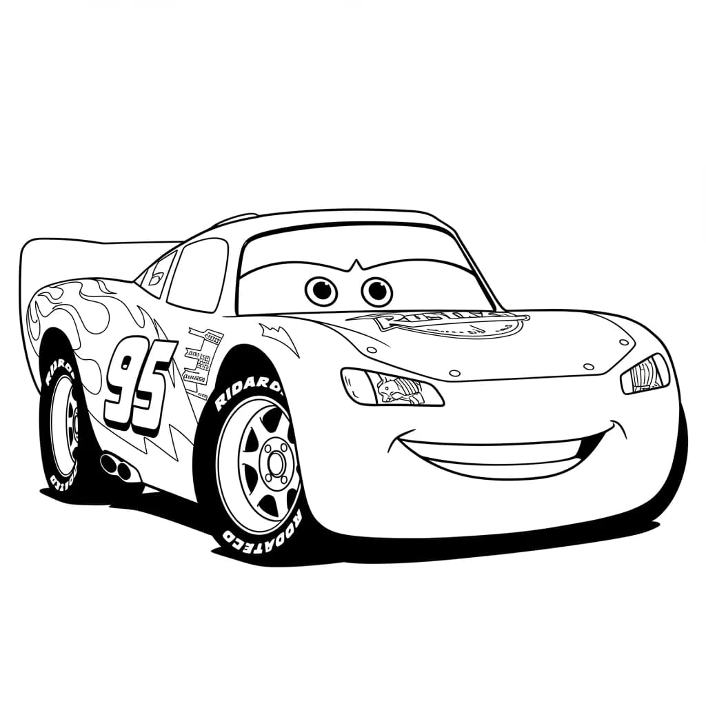 Desenho para colorir do Relâmpago McQueen em alta velocidade na pista de corrida, com faíscas e número 95 visível — perfeito para fãs do filme Carros, imprimir grátis e reviver as aventuras da Disney Pixar.