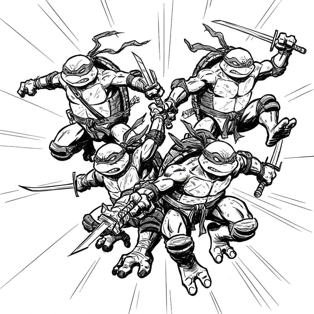 Desenho para colorir das Tartarugas Ninja com Leonardo empunhando espadas, Michelangelo com nunchaku e pizza, Donatello com bastão e Raphael com sai — ideal para imprimir grátis e reviver aventuras épicas dos heróis das sombras.