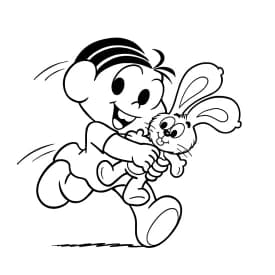 Desenho para colorir da Turma da Mônica com Mônica segurando o Sansão, Cebolinha fazendo planos, Magali comendo melancia e Cascão correndo — ideal para imprimir grátis e reviver as aventuras dos quadrinhos brasileiros.
