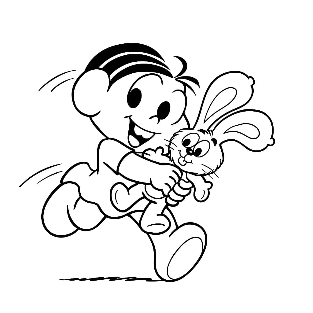 Desenho para colorir da Turma da Mônica com Mônica segurando o Sansão, Cebolinha fazendo planos, Magali comendo melancia e Cascão correndo — ideal para imprimir grátis e reviver as aventuras dos quadrinhos brasileiros.