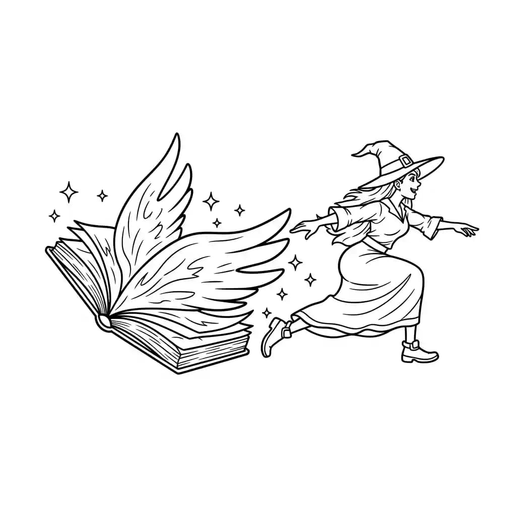 Bruxa correndo atrás de livro de feitiços voador.
