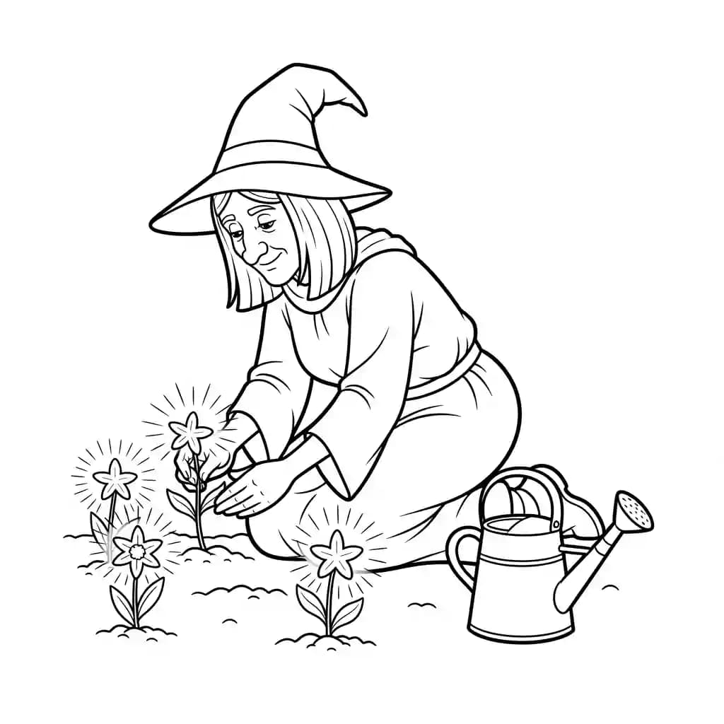 Bruxa plantando flores mágicas em seu jardim.