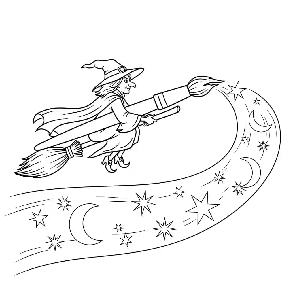Bruxa pintando estrelas no céu com pincel mágico.