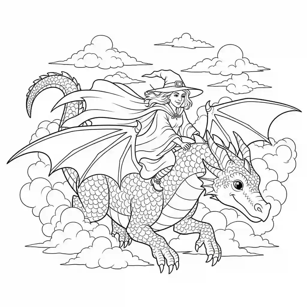 Bruxa montada em dragão voando entre as nuvens.