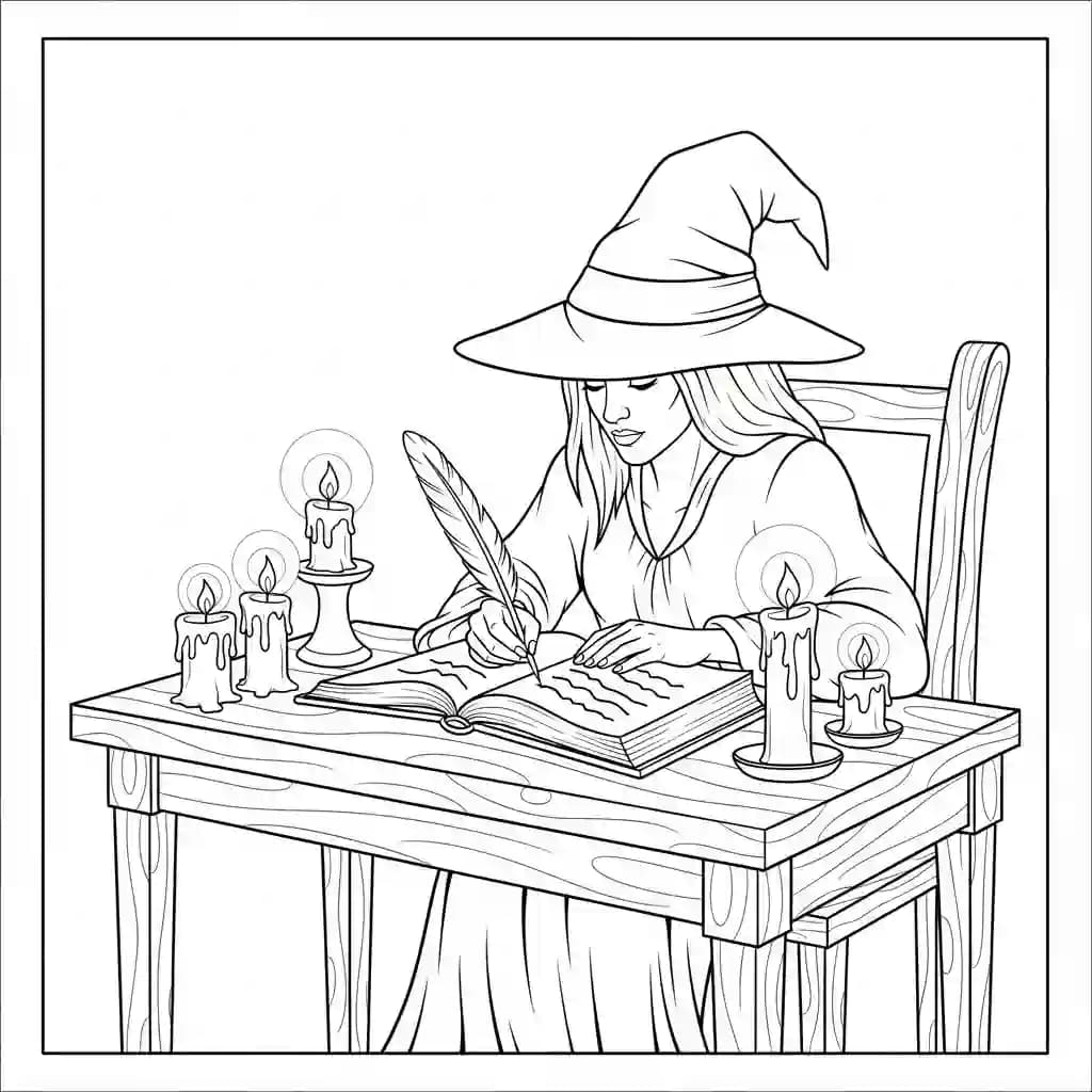 Bruxa escrevendo feitiços em livro antigo com pena.