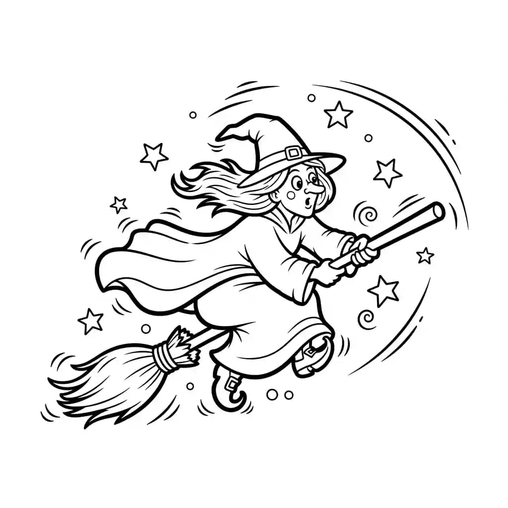 Bruxa tentando controlar sua vassoura mágica desgovernada.