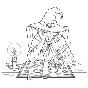 Bruxa lendo livro de feitiços à luz de velas.