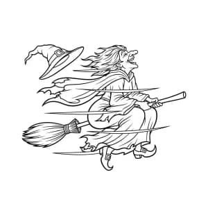 Bruxa rindo enquanto vento leva seu chapéu e vassoura.