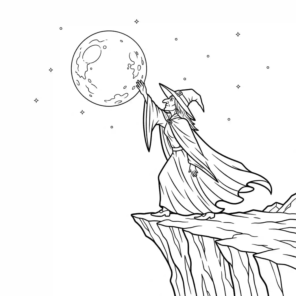 Bruxa conversando com a lua cheia no alto da montanha.