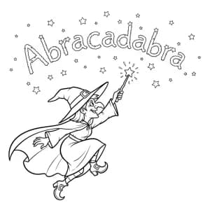 Bruxa escrevendo palavras mágicas no céu estrelado.