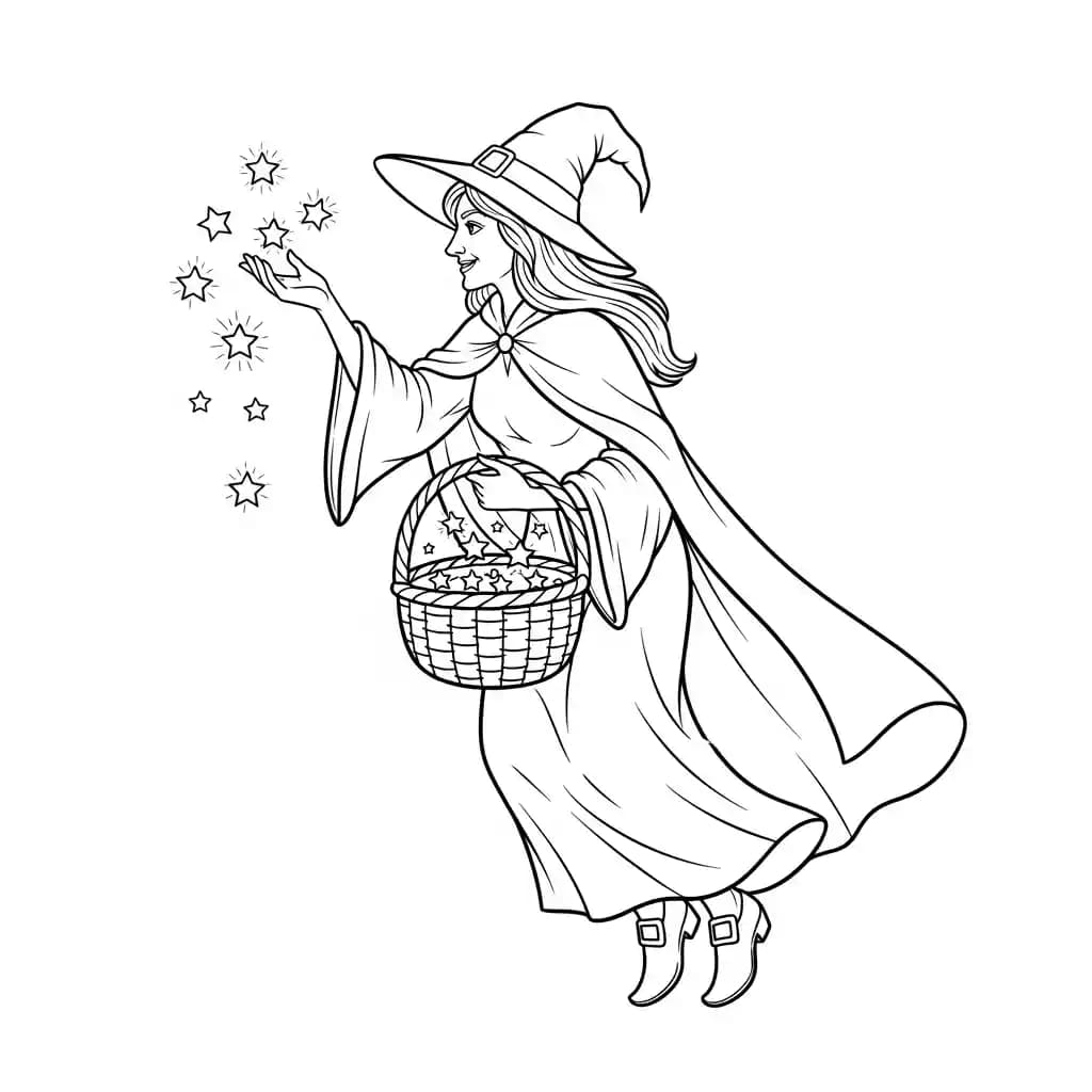 Bruxa recolhendo estrelas brilhantes em um cesto mágico.