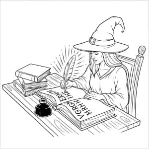 Bruxa escrevendo cartas brilhantes com tinta mágica.