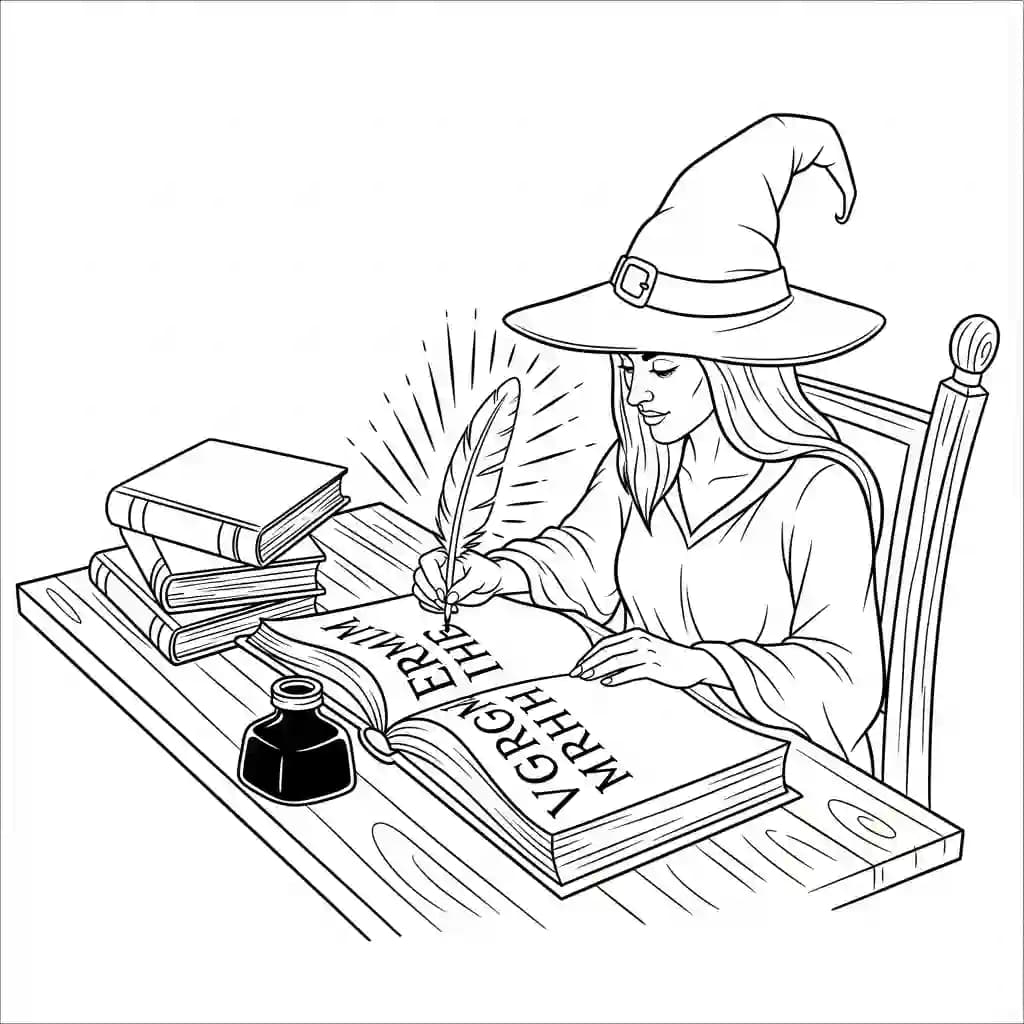 Bruxa escrevendo cartas brilhantes com tinta mágica.