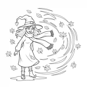 Desenhos de Bruxa para Colorir Bruxa cercada por folhas de outono voando ao vento.