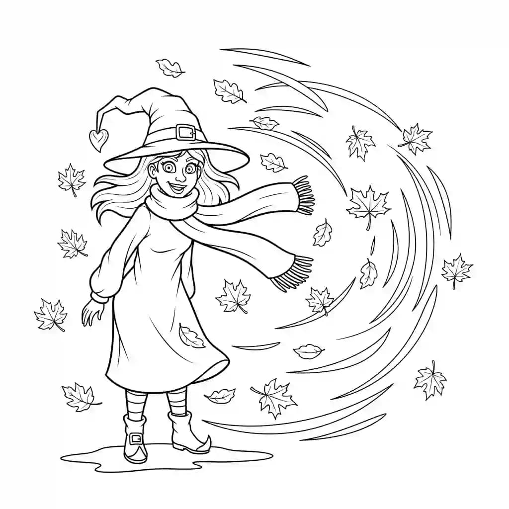 Bruxa cercada por folhas de outono voando ao vento.