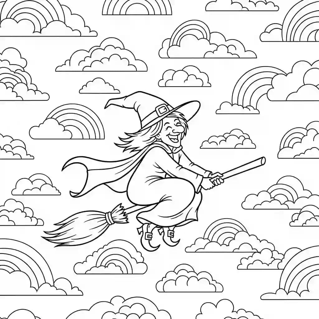 Bruxa voando entre nuvens coloridas em formato de arco-íris.