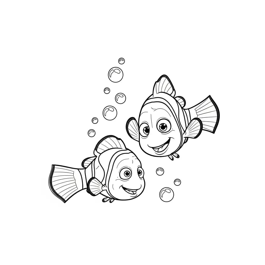 Marlin e Nemo se divertindo entre bolhas no oceano em Procurando Nemo para colorir