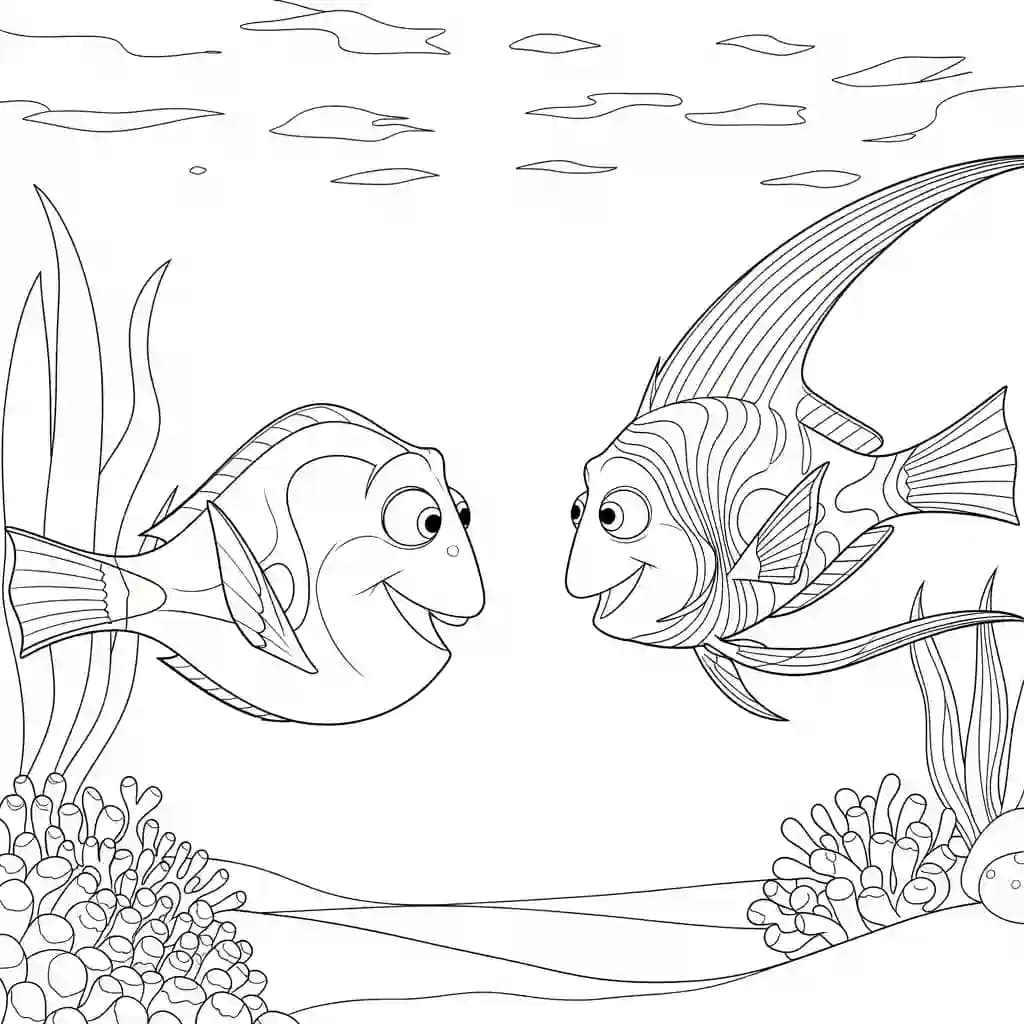 Dory encontrando um peixe colorido misterioso nas profundezas do mar em Procurando Nemo para colorir.