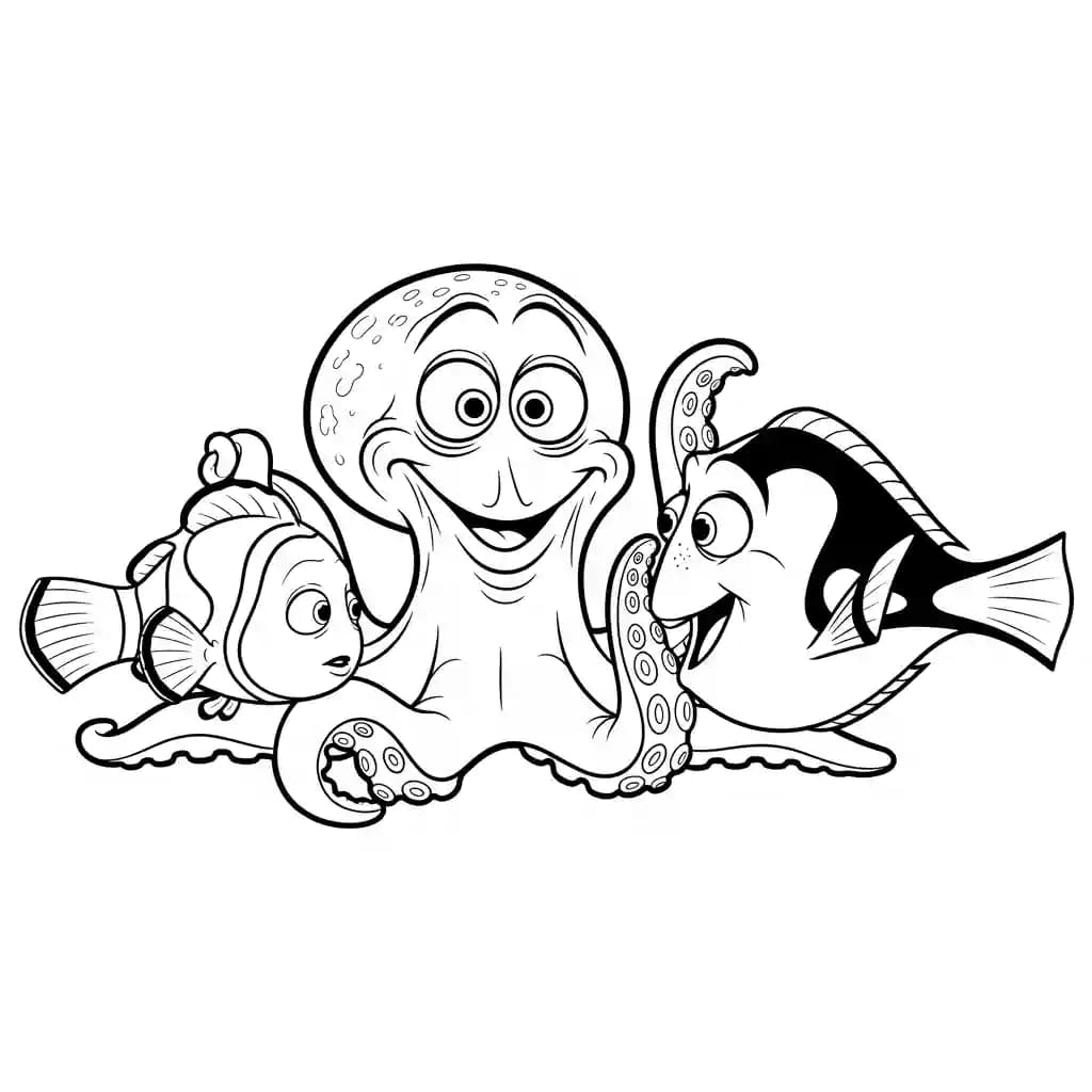 Nemo e Dory brincando com um polvo rosa divertido em Procurando Nemo para colorir.