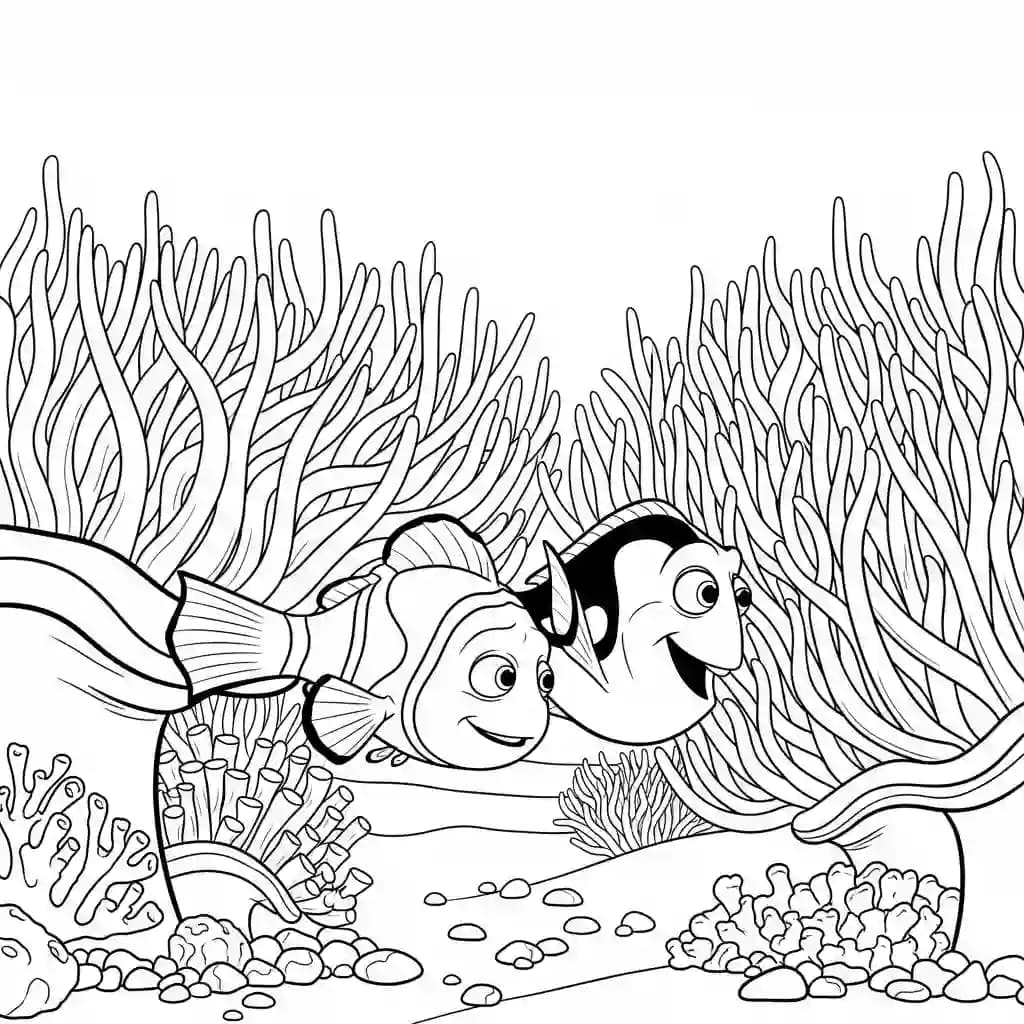 Marlin e Dory navegando entre anêmonas do mar em Procurando Nemo para colorir.