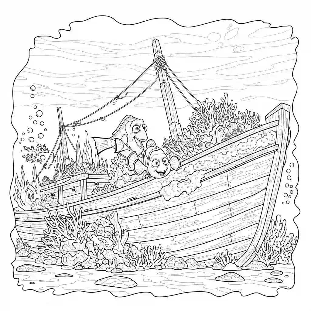 Nemo e Dory explorando um navio afundado coberto de corais em Procurando Nemo para colorir.