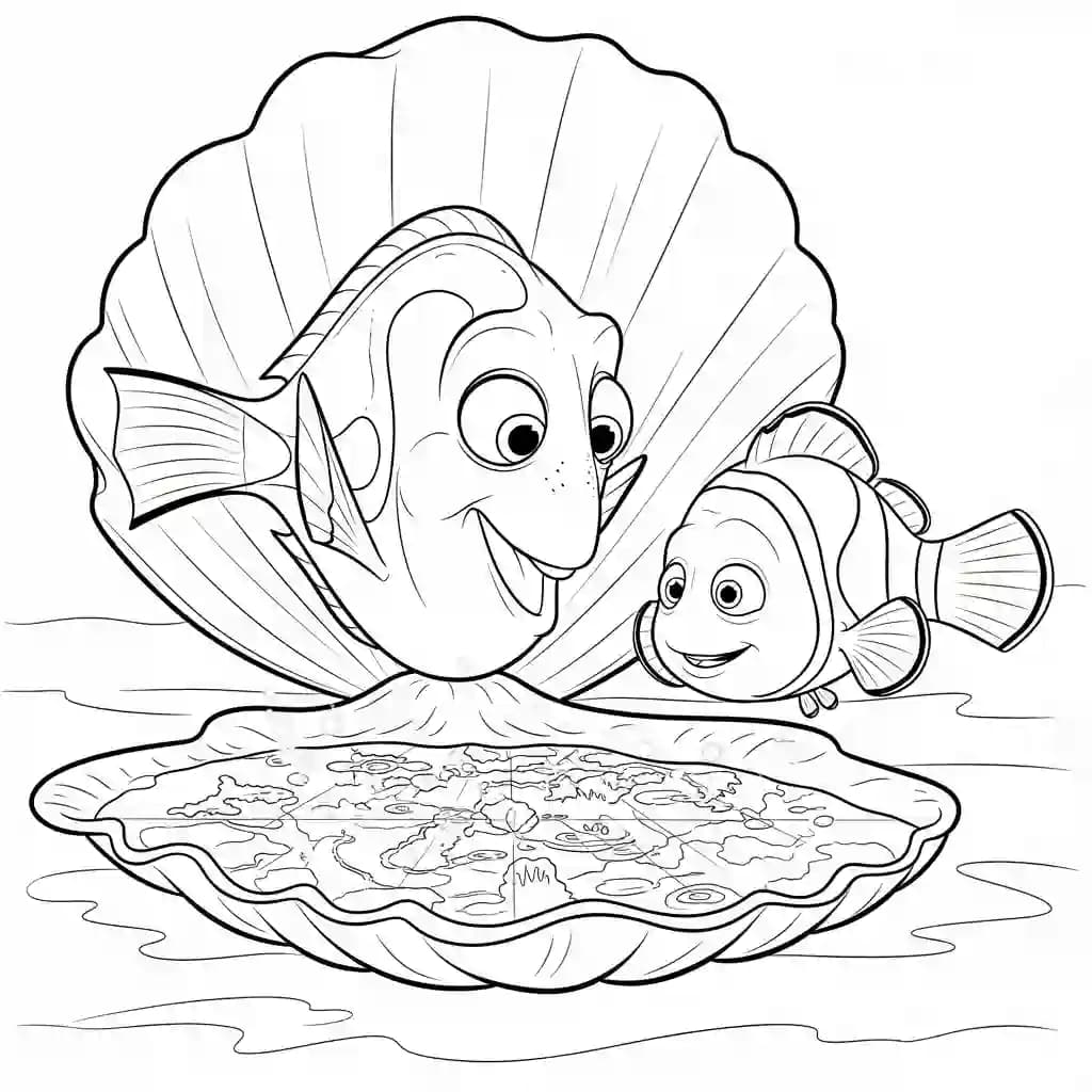 Dory e Marlin achando um mapa submarino brilhante em Procurando Nemo para colorir.