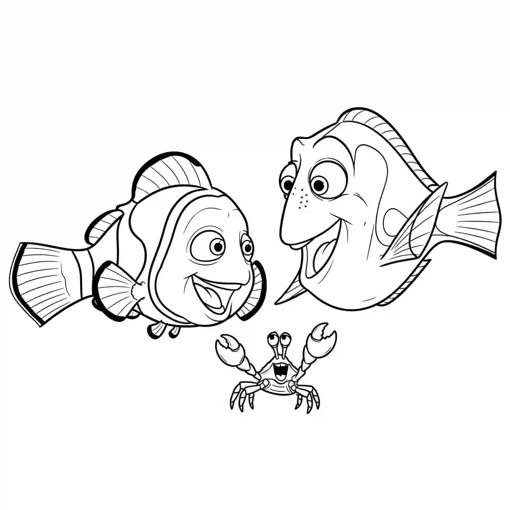 Nemo e Dory brincando com um caranguejo curioso em Procurando Nemo para colorir.